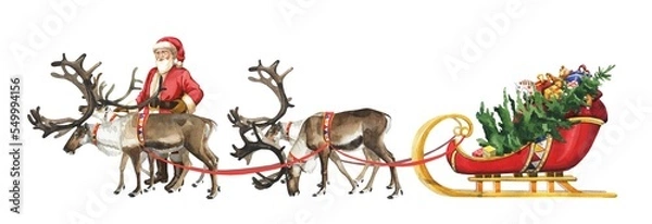 Fototapeta Watercolor Santa Claus and reindeer are preparing for the New Year