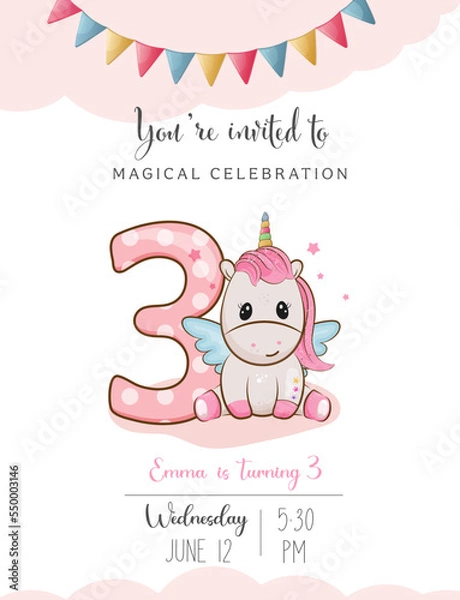 Obraz Birthday invitation with number 3 and unicorn