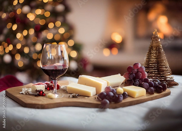 Fototapeta Wine and cheese on a table christmas background