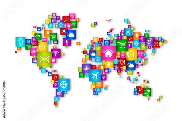 Fototapeta World Map Flying Desktop Icons collection