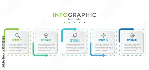 Obraz Business infographic thin line process with square template design with icons and 5 options or steps. Vector illustration.