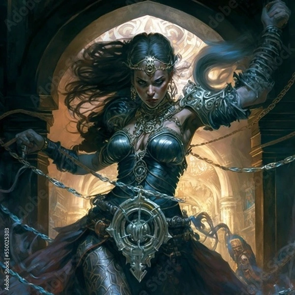 Fototapeta Detailed art of a lady warrior dressed in chains belt buckles