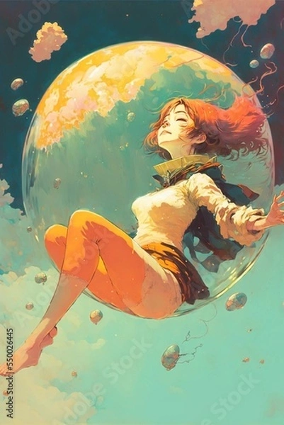 Fototapeta A woman floating in the exosphere between space and earth