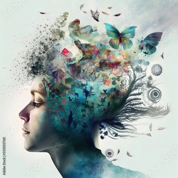 Obraz Surreal image of woman and flowers. Great for ads, book covers, posters and more. AI Generated Illustration.