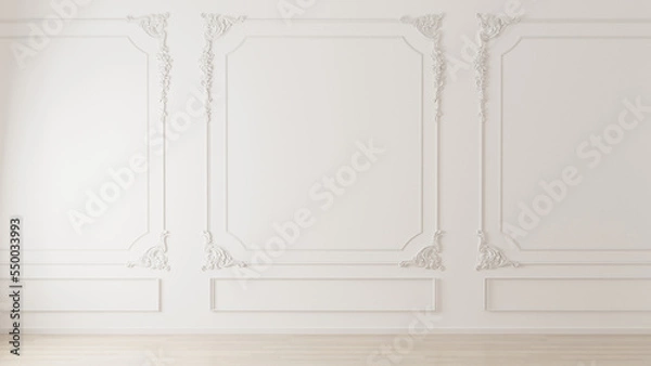 Fototapeta White wall with classic style mouldings and wooden floor, empty room interior, 3d render 