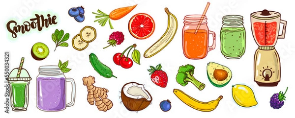 Fototapeta Healthy smoothie sticker set banner.  Useful  food stickers for printing, hand drawing. Ingredients for smoothie berries, citrus, banana, cucumber, greens, citrus