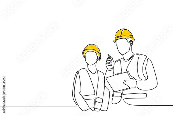 Fototapeta Single continuous line drawing of young construction manager giving instruction to builder coordinator at site meeting. Building architecture business concept. One line draw design vector
