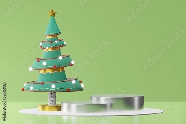 Fototapeta Christmas tree cylinder podium empty 3D product placement display for scene presentation background