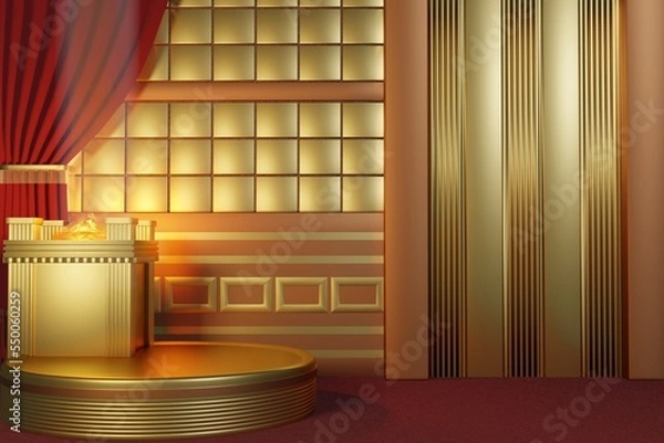 Fototapeta Gold base 3D kingdom realistic empty display podium for product placement scene presentation background