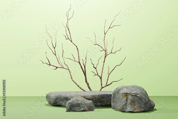 Fototapeta Rock base 3D green stone realistic empty display for product placement scene presentation background