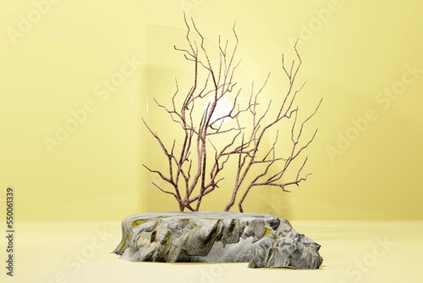 Fototapeta Rock base 3D yellow stone realistic empty display podium for product placement scene presentation background