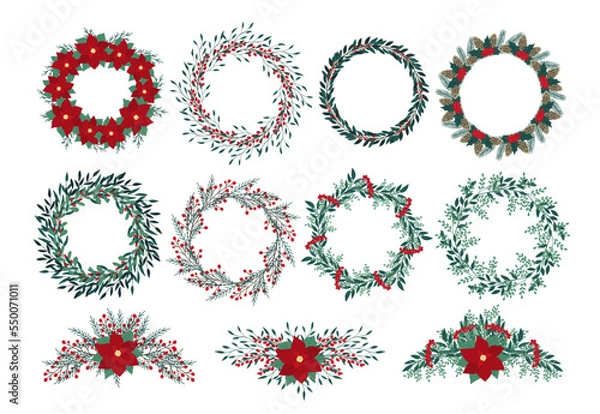 Fototapeta Christmas hand drawn wreath with poinsettia, leaves, branches, berries, holly, pine cone. Winter floral cozy collection. Vector frames and arrangement. Happy New Year illustration isolated on a white