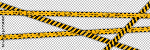 Fototapeta Yellow barricade tape with black diagonal stripes and text DANGER and STOP isolated on transparent background. Vector template of seamless caution ribbon for construction works or crime scene