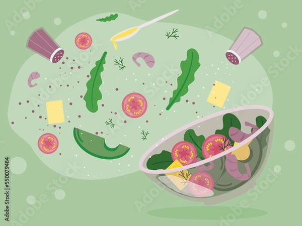 Fototapeta Salad of arugula, avocado, cheese, tomatoes, shrimp and dill in a flat design in a bowl. Salad bar for healthy eating. Cooking a dish. Healthy food on a light green background.