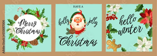 Fototapeta Happy New Year and Merry Christmas! Сute illustrations of cheerful Santa Claus with gifts in winter, greeting cards