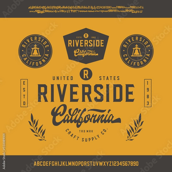 Obraz Riverside. California. Octagonal and Script Font with many alternate characters. Vector