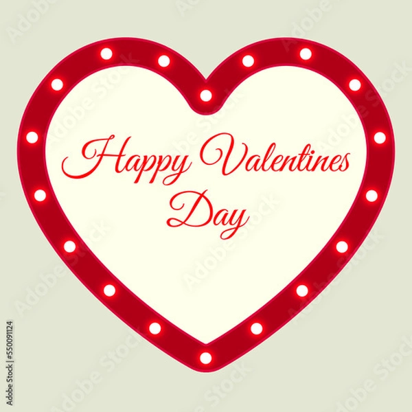 Fototapeta Happy valentines day. Vector empty retro circus billboard frame with electric bright glowing lamps. Light bulbs heart shape figure.