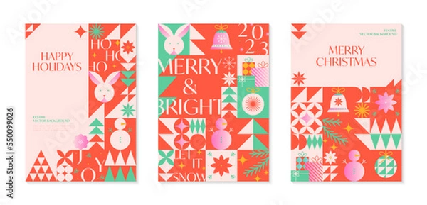 Fototapeta Christmas and Happy New Year greeting banners templates.Festive vector backgrounds in bauhaus style.Traditional winter holiday symbols.Xmas trendy designs for branding,invitations,prints,social media