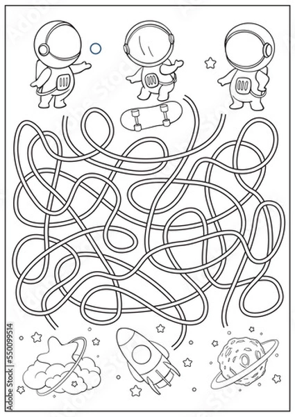 Fototapeta Maze game with cute astronauts. Kids riddle education worksheet with spaceship, rocket, planet and stars. Vector printable activity page.
