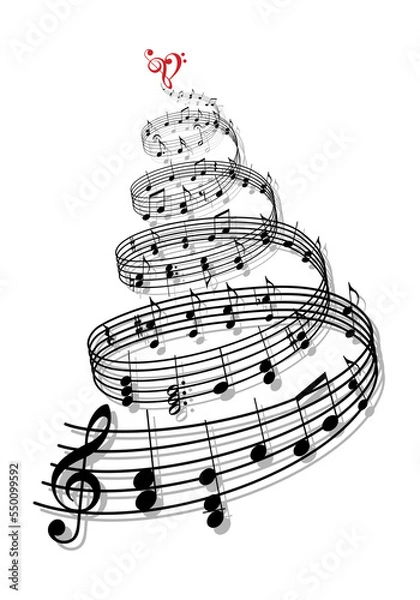 Fototapeta Music Christmas tree with musical notes, design for Christmas cards, holiday greetings, illustration over a transparent background, PNG image