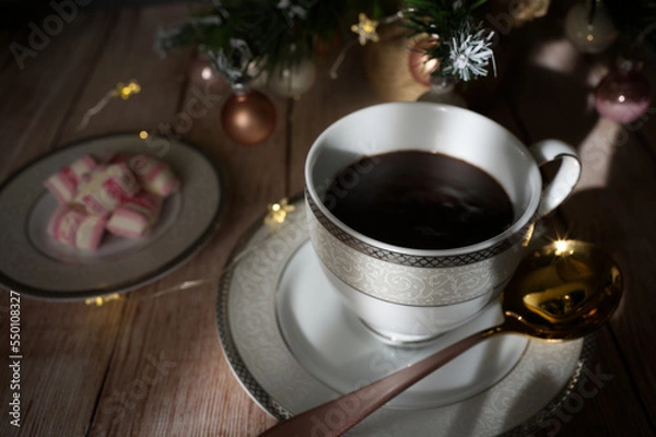 Obraz Christmas lights, decorations and drinks