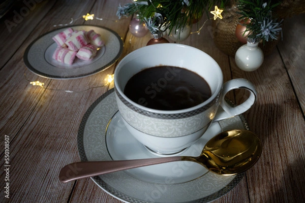 Obraz Christmas lights, decorations and drinks