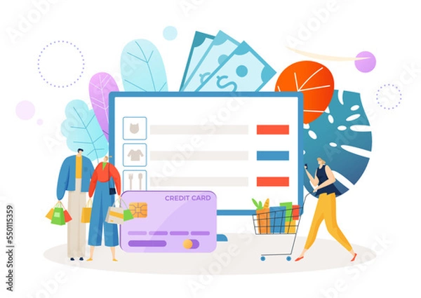 Obraz Online payment shopping, tiny people together buy stuff in internet store, website page flat vector illustration, isolated on white.