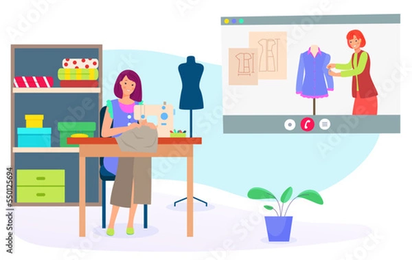Fototapeta Fashion designer online education blogger, character people influencer talk video camera flat vector illustration, isolated on white.