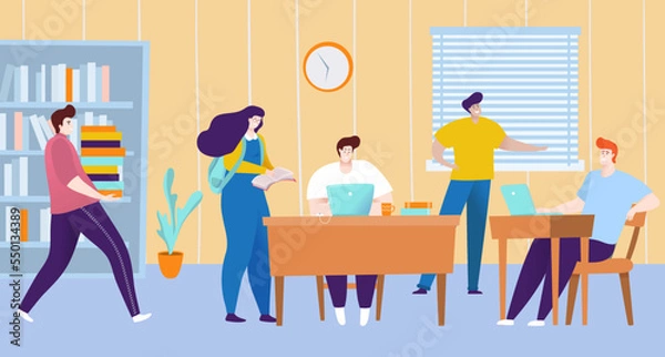Fototapeta University student classroom obtain knowledge, group of people together high school lesson, modern college flat vector illustration.