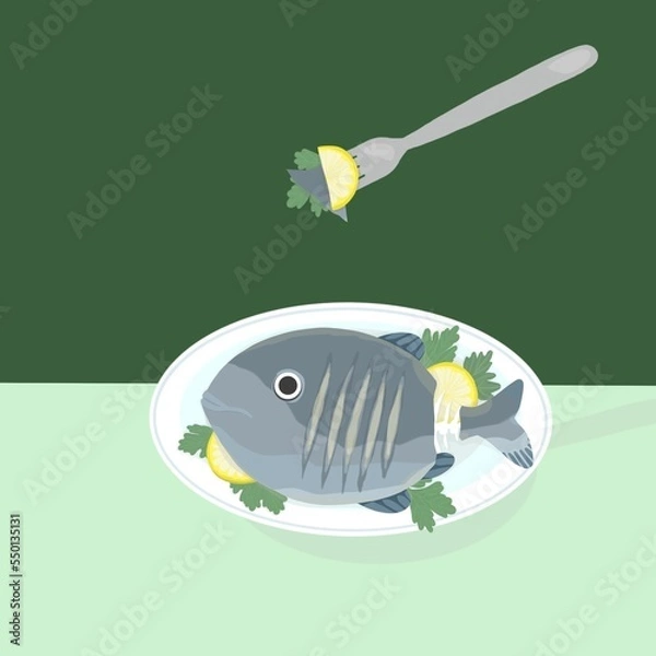 Obraz Piatto con pesce fresco grigliato con limone e prezzemolo, grigliata di pesce, piatto estivo salutare con omega 3, pescato del giorno, cibo vegetariano
