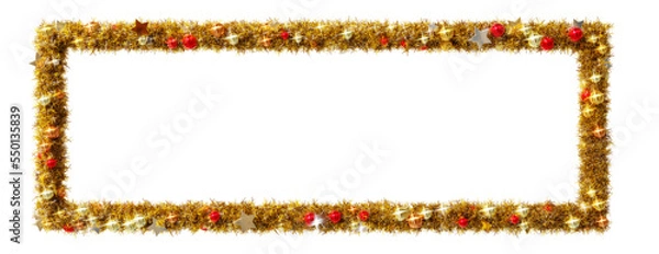 Fototapeta Beautiful christmas wreath of golden leaves in the shape of 1 to 3 rectangle frame with shiny stars and colorful orbs, on transparent background (RGBA 3D Rendering PNG)	