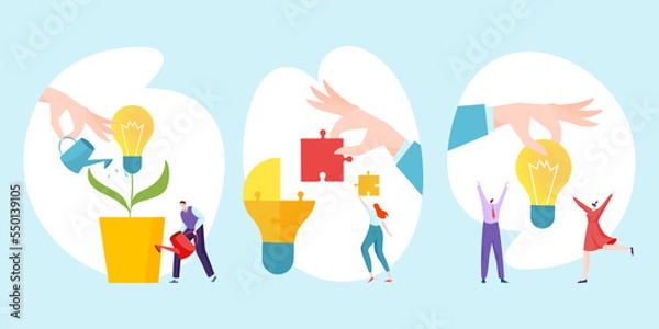 Fototapeta Firm startup idea success company growth card set, tiny commercial teamwork worker flat vector illustration, isolated on blue.