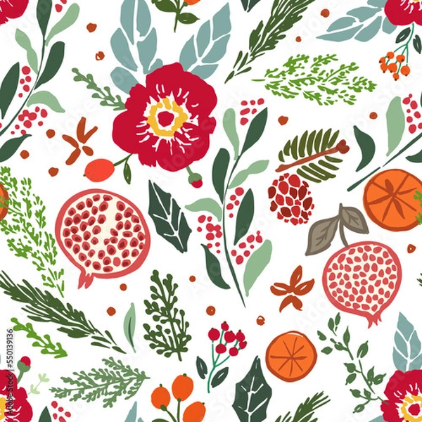 Fototapeta Trendy Christmas floral pattern with pomegranate, orange spice, red anemone flowers, pinecones, branches, berries, greenery. Modern holiday botanical repeat pattern unit.