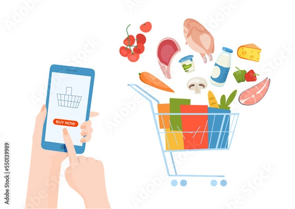 Fototapeta People hand hold mobile phone with shopping smartphone application, remote purchase edible food flat vector illustration, isolated on white.