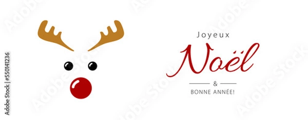 Fototapeta Merry Christmas and Happy New Year lettering in French (Joyeux Noël et Bonne Année) with reindeer. Christmas banner concept