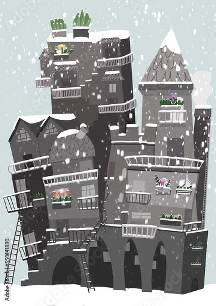Obraz Illustrazione di Città nella neve, inverno, case grigie coperte da una nevicata, bufera di neve tra i palazzi, casette natalizie, cartolina di piccolo borgo coperto di bianco, disegno