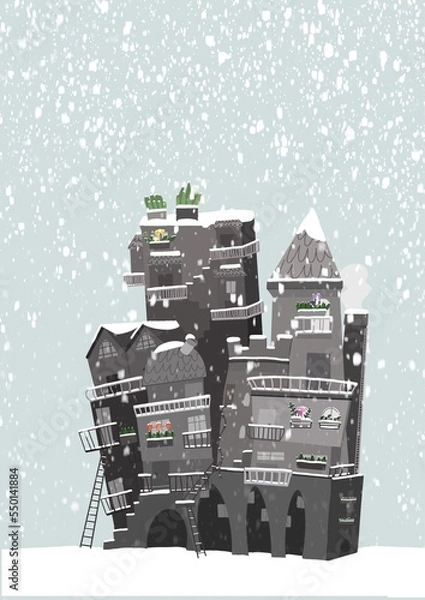 Obraz Illustrazione di Città nella neve, inverno, case grigie coperte da una nevicata, bufera di neve tra i palazzi, casette natalizie, cartolina di piccolo borgo coperto di bianco, spazio per scrivere, jpg