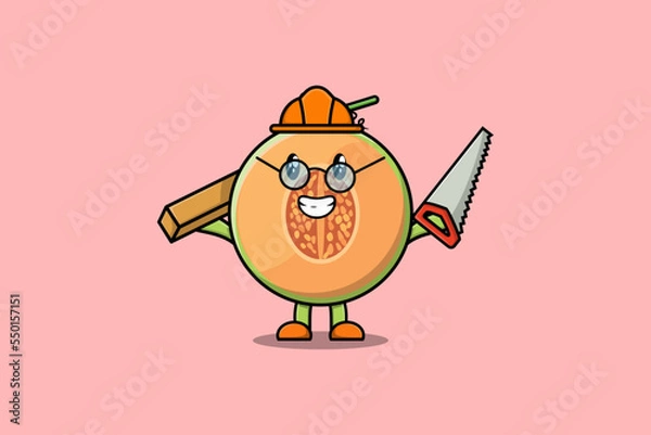 Fototapeta Cute cartoon Melon as carpenter character with saw and wood in flat modern style design