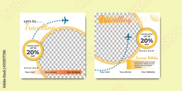 Obraz Modern digital travelling social media post templates. Suitable for online marketing promotion banner, holiday, travelling, flyer, ads, etc.	