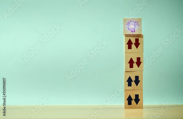 Fototapeta Development and growth concept of AI system with icons on wooden cubes.
