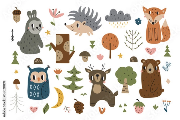 Fototapeta Scandinavian animals set. Drawn by hand. Doodle cartoon animals with elements of the forest and the gifts of nature for children's posters, postcards, children's t-shirts. Vector illustration.