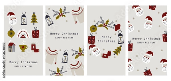 Fototapeta Christmas and New year cards with Christmas tree, wreath, christmas elements. Vecto