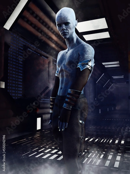 Fototapeta Alien man with blue skin standing in a dark corridor of a spaceship. 3D render - the man is a 3D object rendered in DAZ Studio.