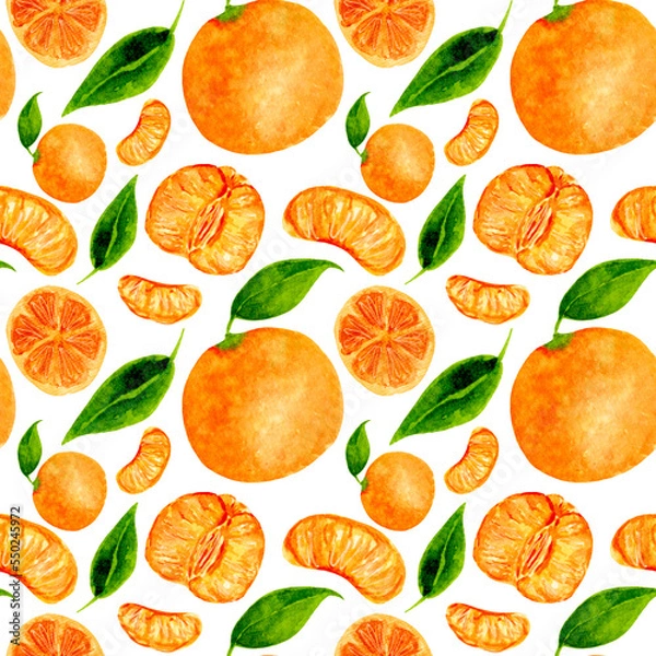 Fototapeta Seamless watercolor pattern with various part of tangerines and green leaves on a white background. For various products