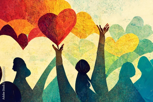 Obraz Abstract conceptual painting about peace and love with colorful people and hearts