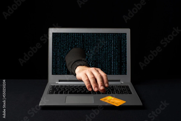 Fototapeta A cybercriminal reaching through a laptop to steal an online shopper's credit card. Internet scams