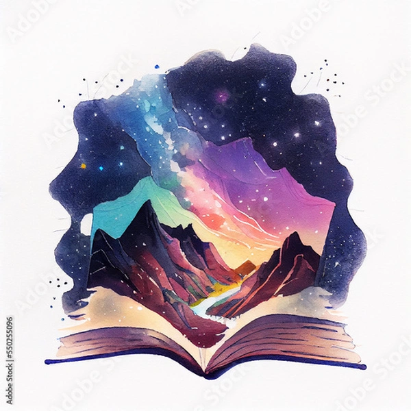 Fototapeta Concept of an open magic book open pages space, milky way, mountains. Fantasy, nature or learning concept, with copy space