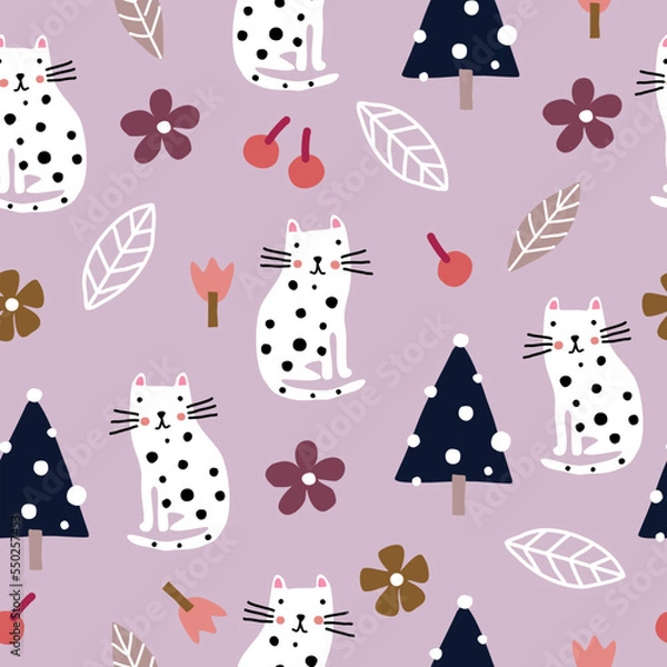 Fototapeta Christmas seamless pattern with polka dot cat, Christmas tree, flowers, berries, leaves and tulips on a pink background.