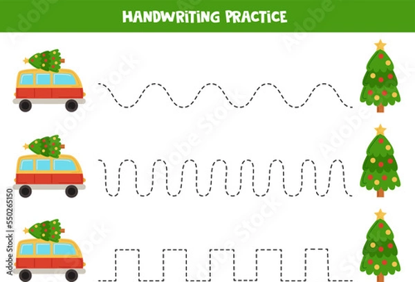 Fototapeta Tracing lines for kids. cartoon vans and trees. Writing practice.