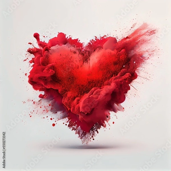 Obraz Red exploding heart made from powder on white background. Freeze shape motion of color powder explosion. St. Valentine's Day card creative idea. AI generated image. 
